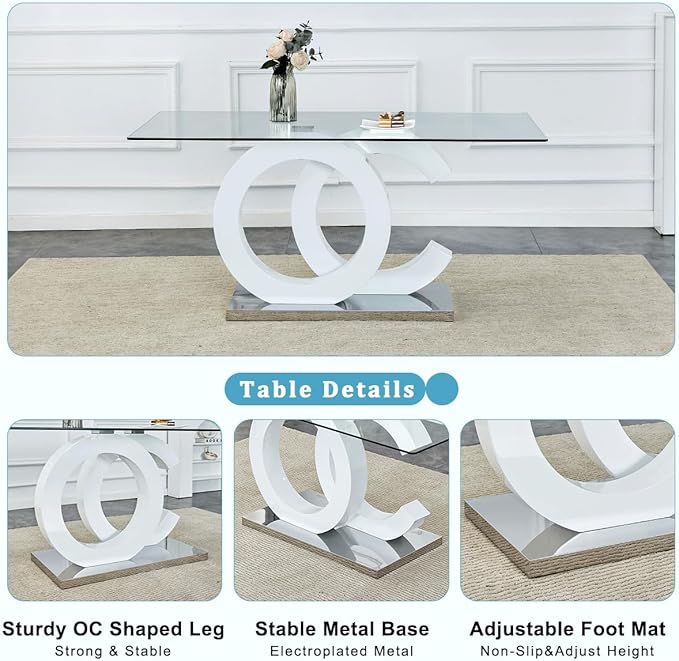 gopop 63'' Glass Dining Table, Modern Kitchen Table, Clear Glass Dinner Table with White Unique Design Leg and Silver Metal Base.(Only Table)