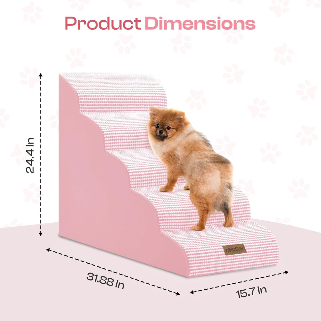 Curved Dog Stairs for High Bed Up to 26", 5-Step Dog Ramp for Small Dogs with Washable Cover, Non-Slip Steps for Cats to Get on Couch and Sofa, Durable Foam Ladder for Medium Breeds, White Pink