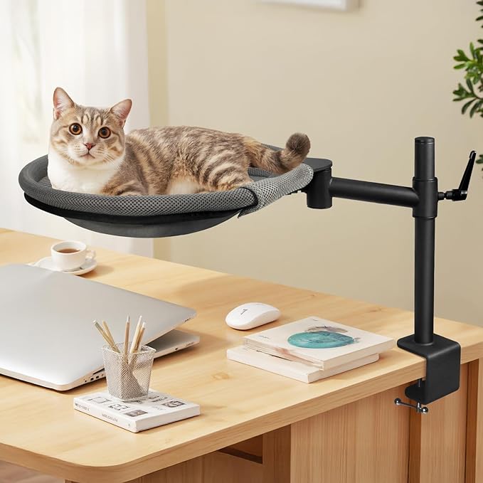 Cat Desk Bed, 360° Rotating & Height Adjustable Cat Desk Perch, Elevated Breathable Cats Nest Perch with Removable Washable Cover for Indoor Kitten Cats-Maximum Hold Up to 40lb