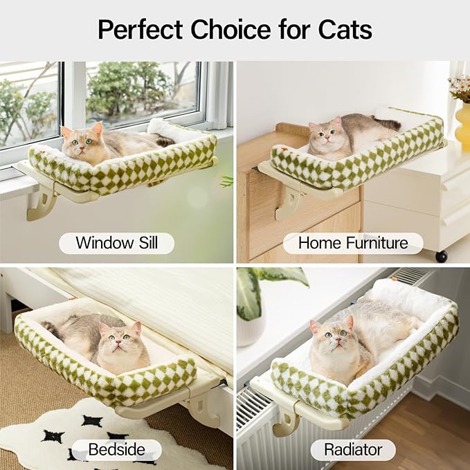MEWOOFUN Cat Window Sill Perch for Indoor Cats, One-Step Sliding Clamping Slot Adjustment Cat Window Hammock with Removable Covers, Cat Bed for Windowsill & Bedside (Green, Large)