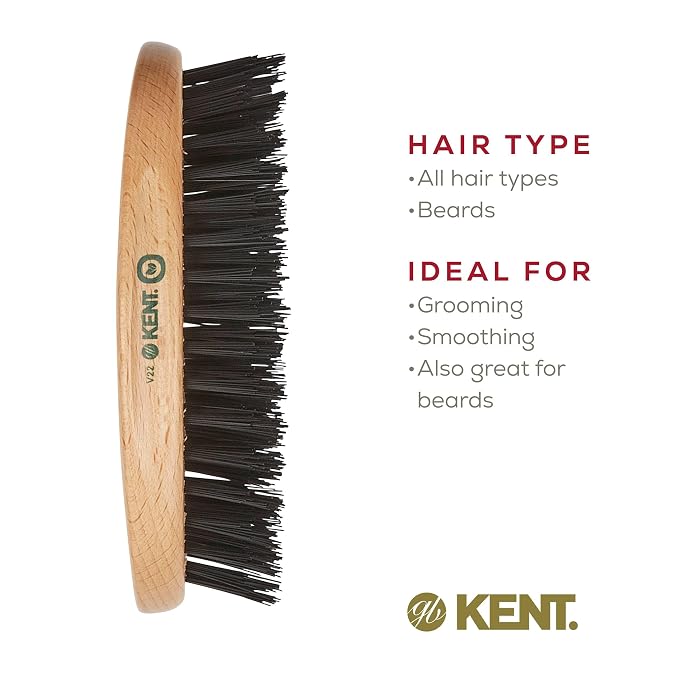 Kent V22 Vegan Boar Bristle Hair Brush and Beard Brush for Men, Eco Friendly Wave Brush and Travel Brush for Smoothing Hair and Taming Beards (8.5")