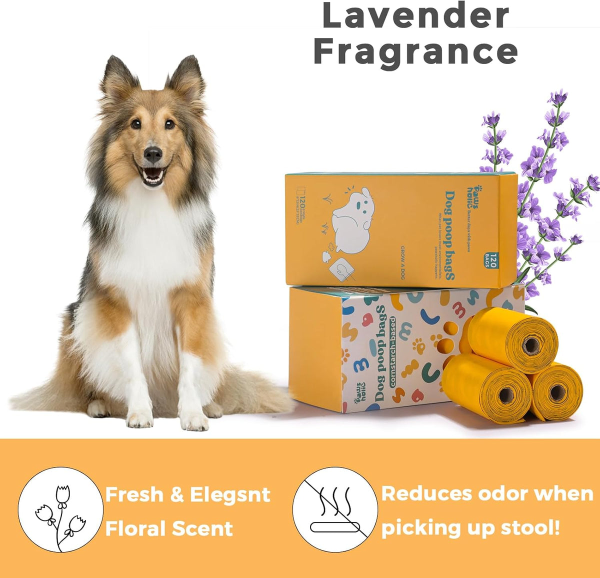 Dog Poop Bags Rolls Cornstarch Based Thickened&100% Leak Proof Dog Waste Bags -120 Count 8 Rolls - Doggie Poop Bag for puppy and Big Dogs(Lavender)
