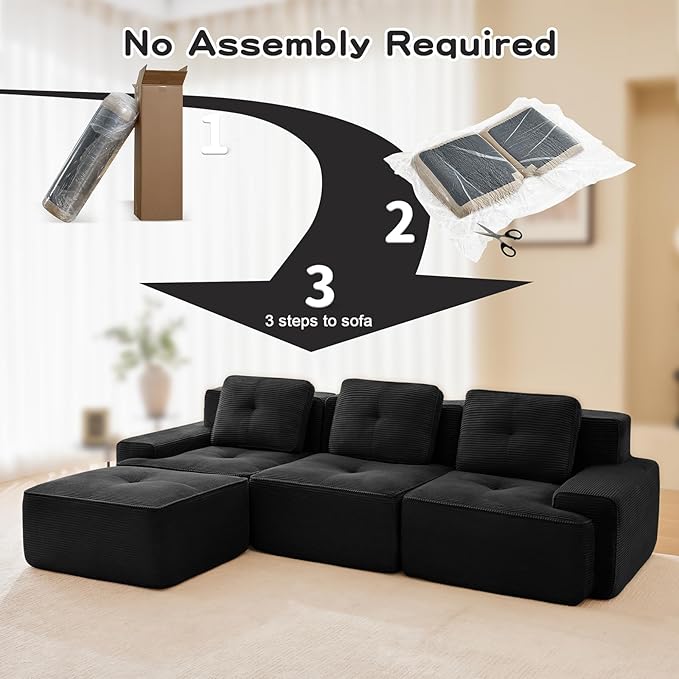 115" Modern Corduroy Cloud Sofa with Ottoman, L Shaped Boneless Modular Large Sectional Couches for Living Room, Black 3 Seater Compressed Memory Foam Couch, Extra Deep Seat, No Assembly