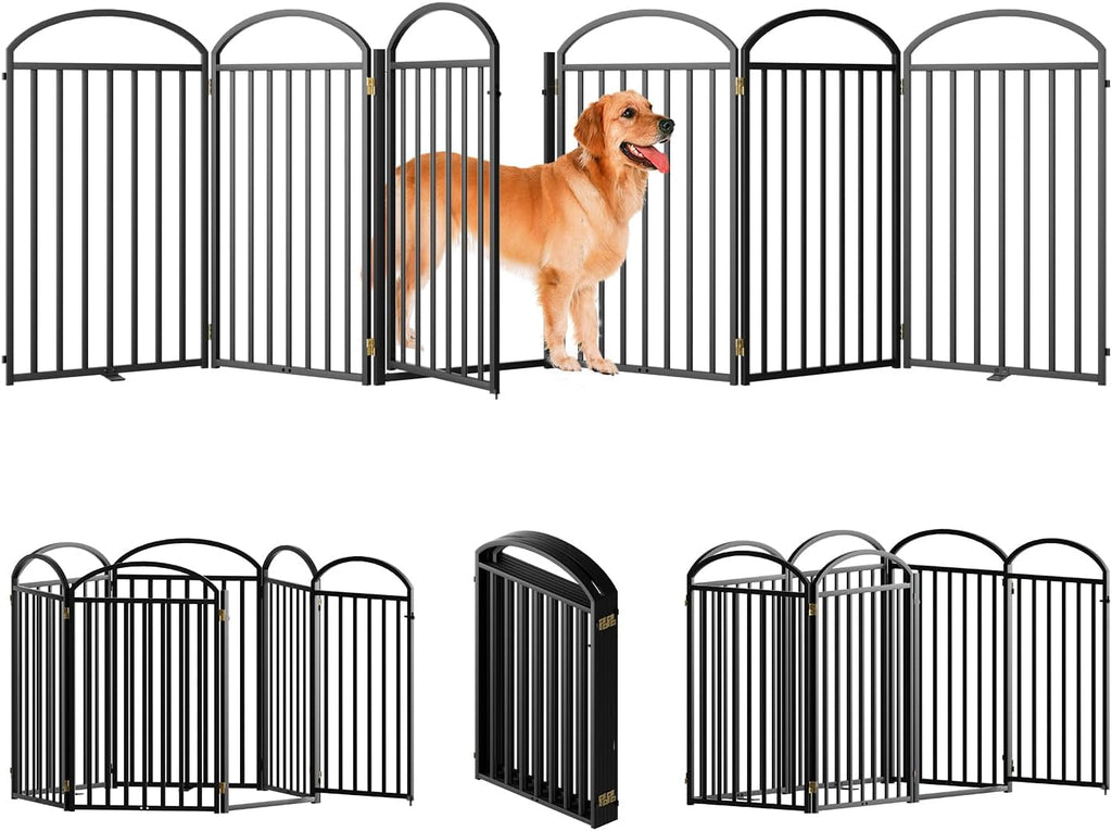 6 Panles Full Matel Freestanding Dog Gates with Door, 144"Extra Wide 36"Tall Free Standing Dog Pet Gate for Indoor & Outdoor. Foldable Pet Fences for Doorways, House, Stairs, Porch, Deck, Yard