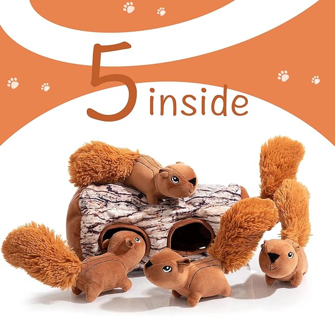 Hollypet Hide and Seek Squeaky Dog Toy, Designed Interactive Puzzle Plush Stuffed Puppy Toy, Squirrel