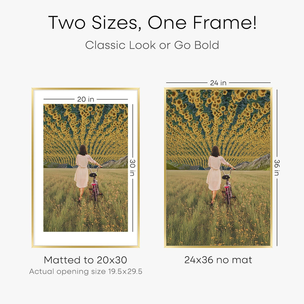 Homeforia 24x36 Gold Picture Frame, High End Metal 24 x 36 Large Poster Frames with Mat 20 by 30 inch Photo, 24x36 Gold Frame Matted to 20x30 for Print, 36x24 Frame, Tempered Glass, Wall Kit, Set of 1