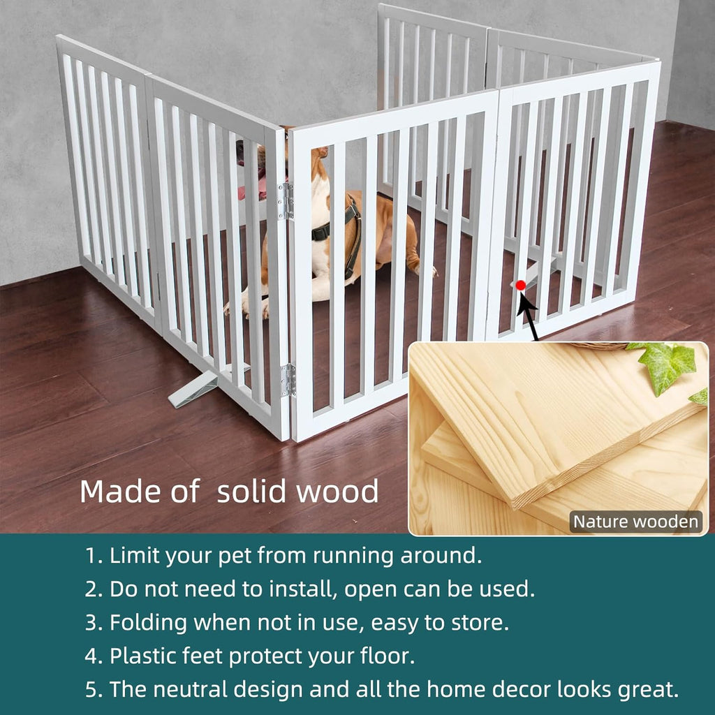 ZJSF Freestanding Indoor Dog Gate for House Foldable Wood White Puppy Gate for Doorways Pet Gate for Stairs Extra Wide Pet Fence 24" Height 6 Panels