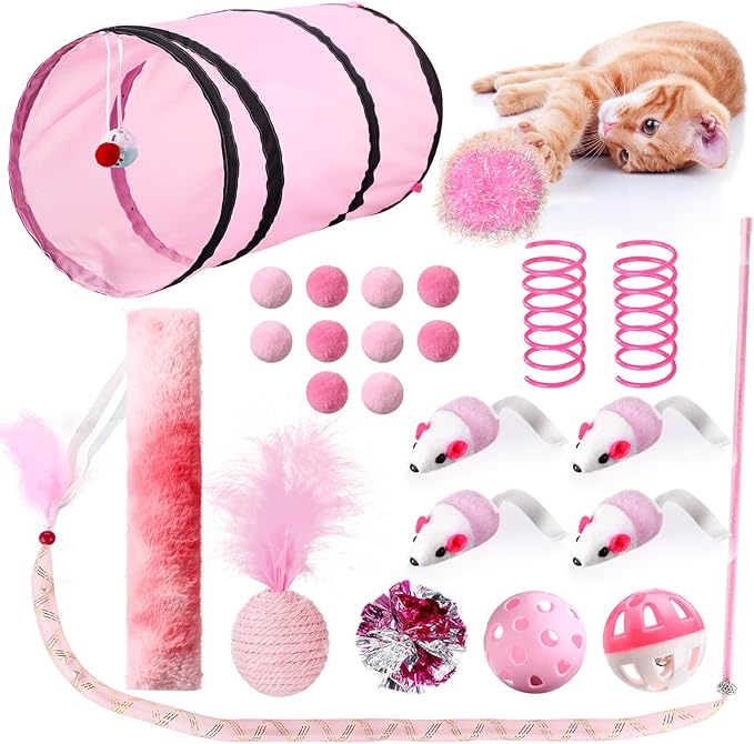24 Pcs Cat Toys Set Interactive Kitten Toys Pack Including Collapsible Play Tunnel Feather Teaser Wand Fuzzy Ball Springs Pillow Mouse Bells for Indoor Cats Puppy (Pink)