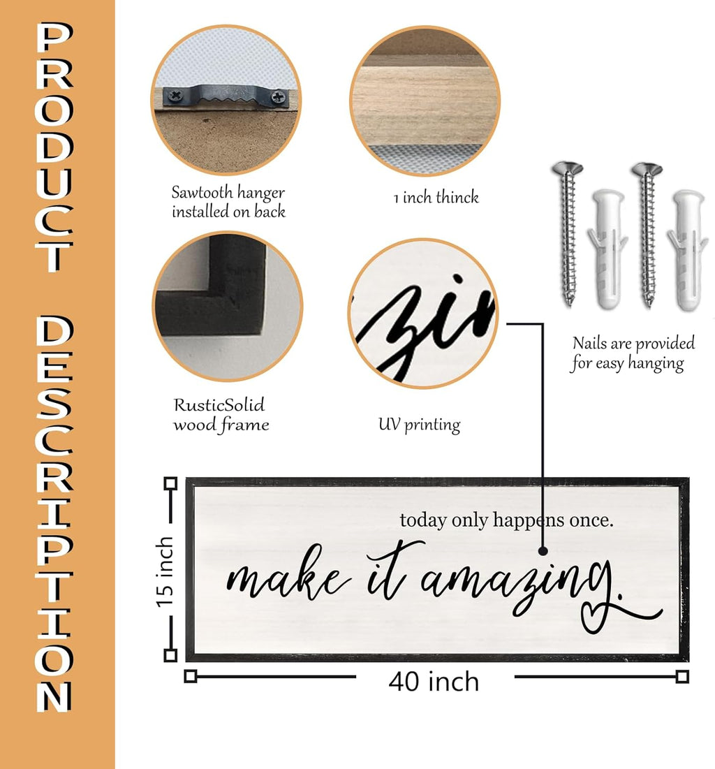 RLWangChao Today Only Happens Once Make It Amazing Wall Art Decor 40x15 Inch Large Inspirational Quote Sign Rustic Living Room Vintage Wood Frame Office Motivational Home Wall Hanging (Black)