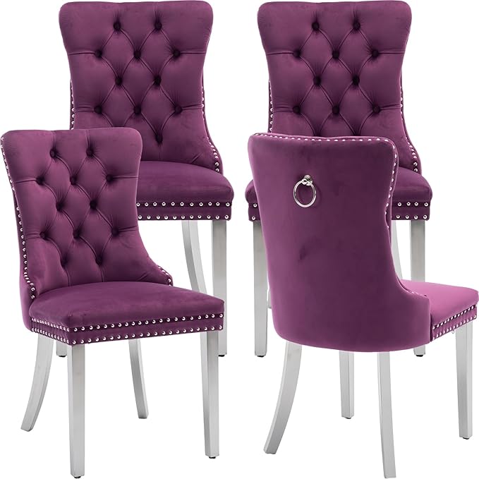 Luxury Upholstered Dining Chairs Set of 4, Purple Kitchen Chair with Silver Metal Legs, Velvet Tufted Back Dining Chair, Sillas de Comedor, Modern Kitchen & Dining Room Chairs (Purple, 4 Pcs)