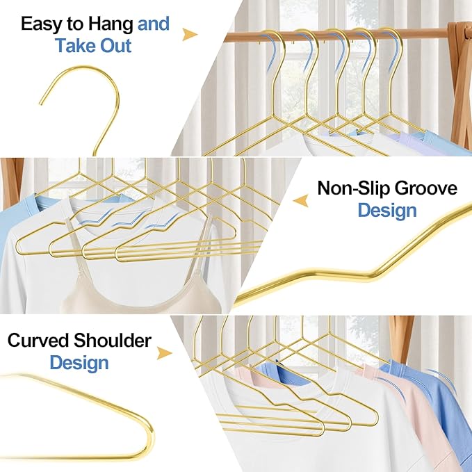 Metal Wire Clothes Hangers Bulk 30 Pack Gold, Heavy Duty Ultra Thin Space Saving Hangers with Non-Slip Notches, for Suits, Coats, Dresses, Shirts, Pants, Closet Organizer