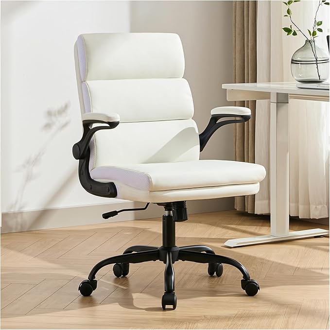 Office Chair Adjustable Desk Chair Mid Back Executive Comfortable Bonded Leather Ergonomic Back Support Home Computer Chair with Padded Flip-up Armrest Swivel Wheels (White)