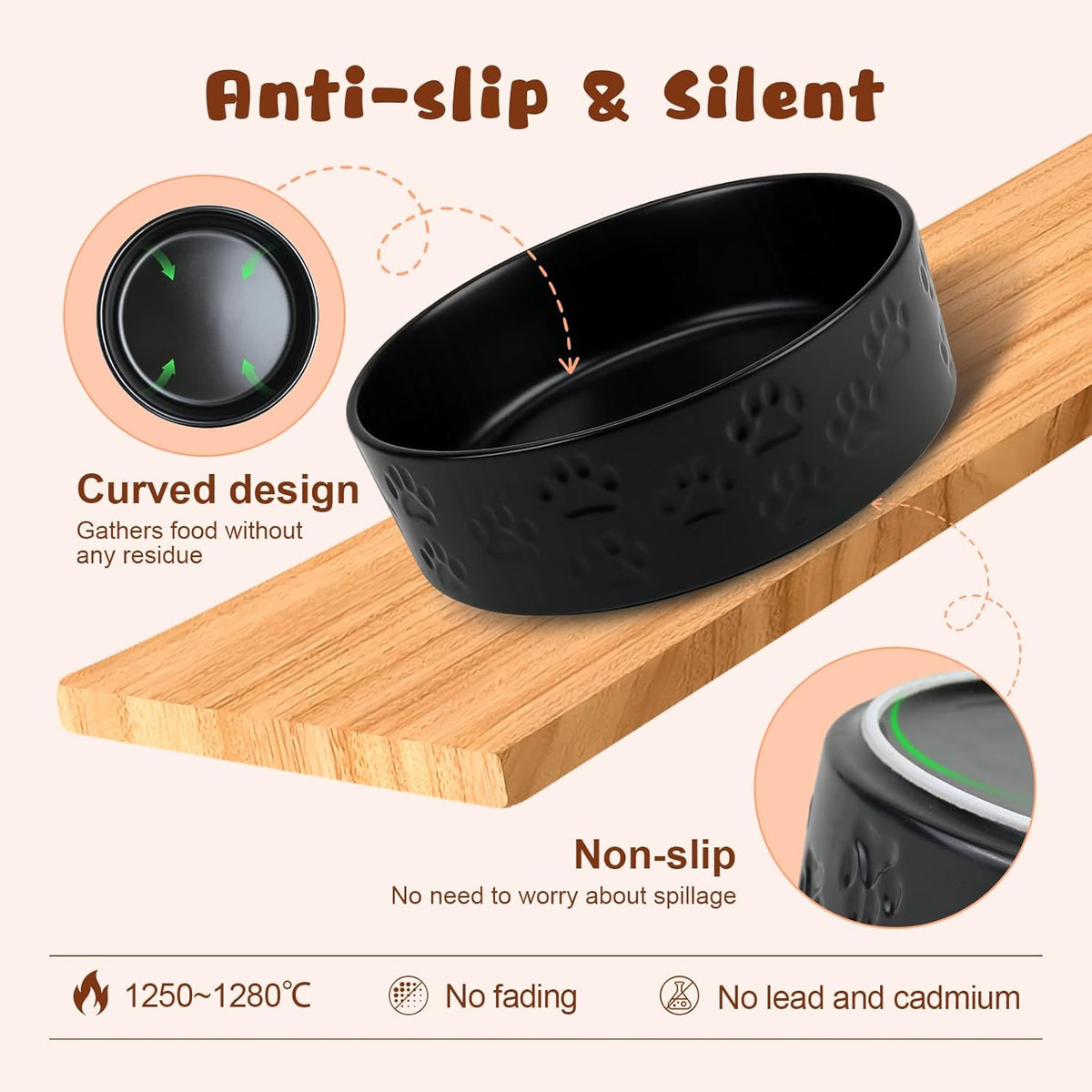 SPUNKYJUNKY Ceramic Elevated Dog Bowl Set with Acacia Wood Stand for Food and Water for Large Dogs (60.87 OZ, Black, Dog Paw Pattern)