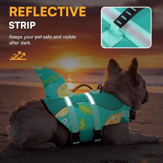 Dog Life Jacket,Dog Life Vest for Swimming,Dog Shark Life Jacket with Rescue Handle,Adjustable Reflective Dog Life Preserver for Large Dog,Green Print L