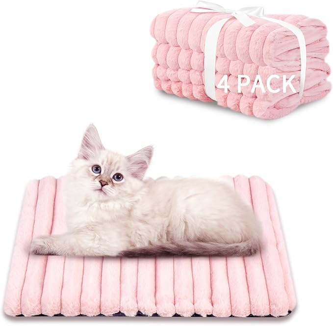 NWK Pack of 4 Fluffy Self Warming Cat Mat, Cat Blanket, Thermal Dog Mat, Washable, Non-Slip Bottom for Sofa & Crate & Kennel & Car Seat (Blush Pink, Small (19'' X 15'' X 0.7''))