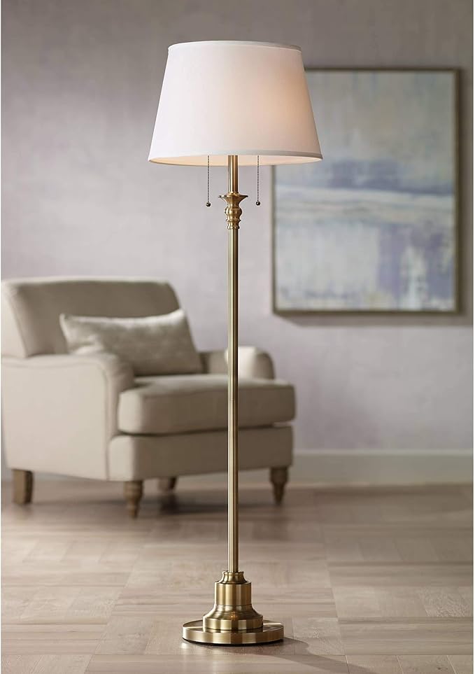 360 Lighting Spenser Traditional Floor Lamp Standing 58" Tall Brushed Antique Brass Gold Metal Thin Column Off-White Linen Fabric Empire Shade for Living Room Reading House Bedroom Home