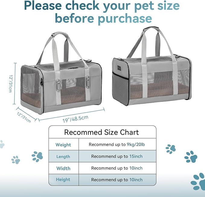 Petsfit Travel Pet Carrier for Large Cats (up to 20 lbs), Soft-Sided Dog Car Travel Carrier with Patented Buckle and Soft Padding, Ideal for Car Road Trips,19X12X12 Inch,Grey