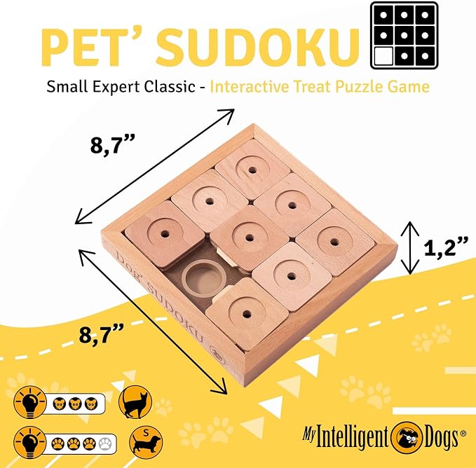 Interactive Wooden Sudoku Puzzle for Cats and Small Dogs - Expert Brain Pet Toy - 9 Treat-Hiding Holes, Small All-Wood Design