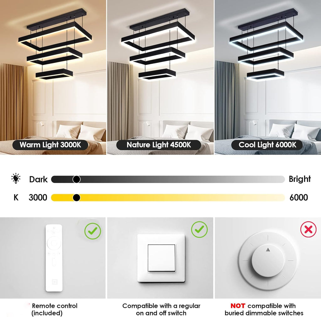 Modern 3 Rings Rectangle Chandelier for Living Room - Adjustable Height Luxury Foyer Lighting Fixture for High Ceiling, Hanging Dining Room LED Pendant Light