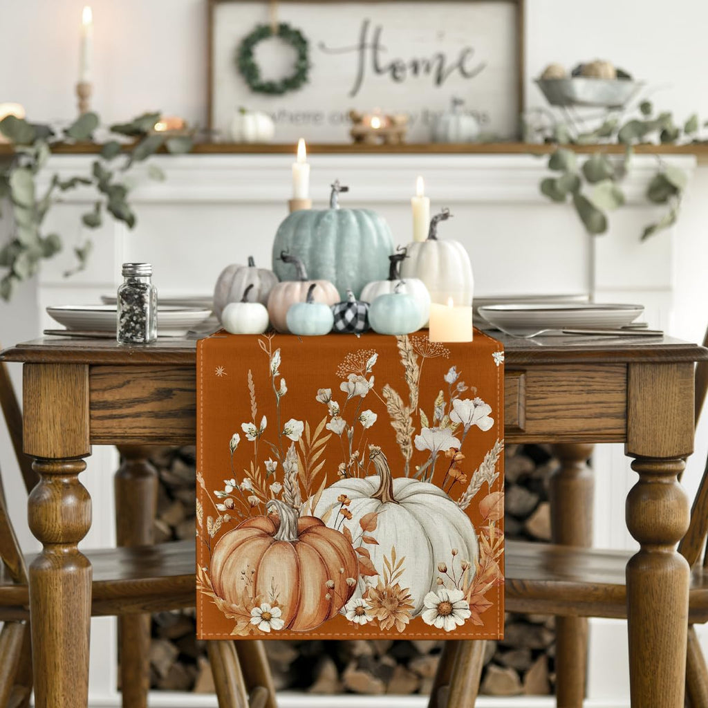 Artoid Mode Orange Pumpkins Leaves Flowers 210 GSM Fall Table Runner, Seasonal Autumn Kitchen Dining Table Decoration for Home Party Decor 13x48 Inch