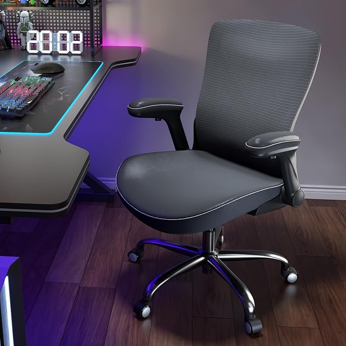 Office Home Ergonomic Desk Chair-Computer X-Shaped Chair Mesh PU Leather with Adjustable Lumbar Support-Executive Chair High Back Flip-Up Arms for Long Hours (Black-Silver-No Headrest)