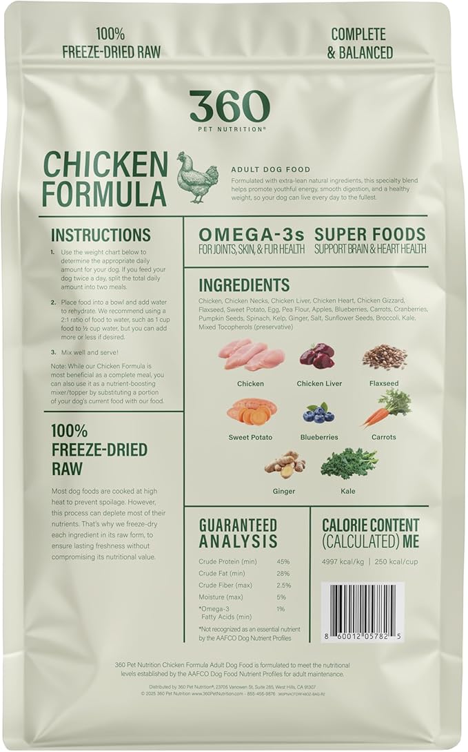 360 Pet Nutrition Freeze-Dried Raw Dog Food – Chicken Recipe with Liver & Organs, High Protein, Omega-3s, Fruits, Veggies & Superfoods, Grain-Free, No Fillers, 3 lb – Made in USA