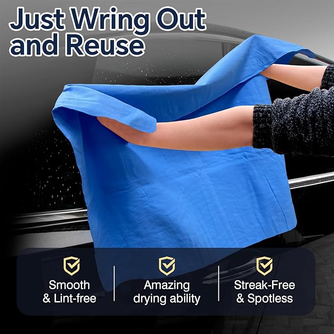 Premium Shammy Cloth for Car Drying (34”x25”)-Super Absorbent Chamois Towel for Car-Reusable Shammy Towel for Car, Bathroom,Pets, Dust Remove, No Spots/Streak/Scratch, Blue
