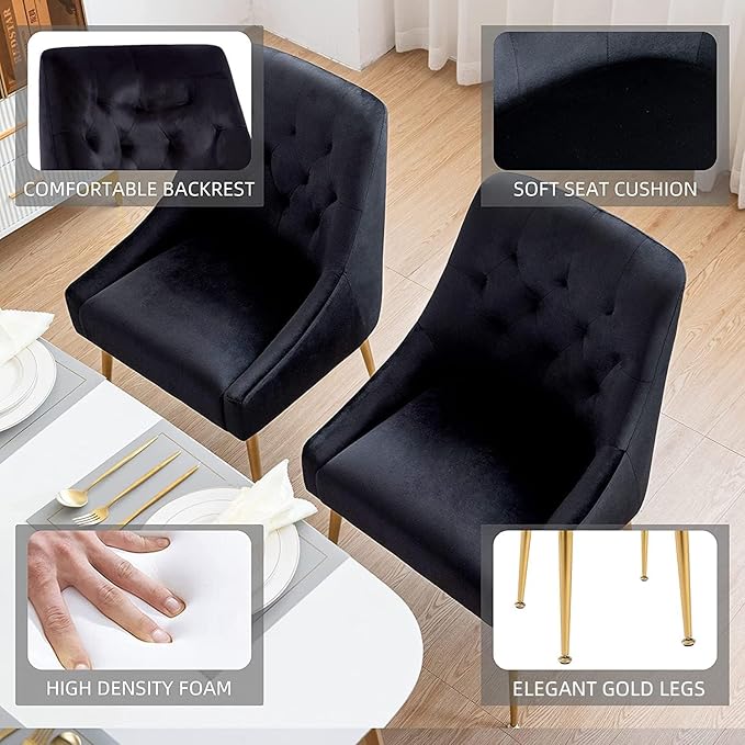 Modern Dining Chair Set of 6, Mid-Century Room Chair, Upholstered Comfortable Velvet with Back Pull Rod and Metal Legs for Kitchen, Dining, Living (Black), (DYXSD)