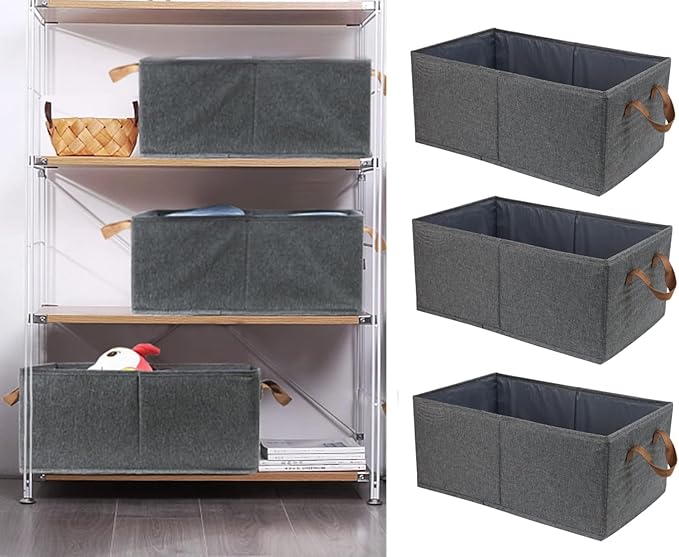 Pack of 3 Large Capacity Storage Bins Closet Organizer System, Sturdy Foldable Storage Boxes for Organizing Clothing, Sheets, Toys, Books - Shelf Organizer Shelves Basket Storage Bin
