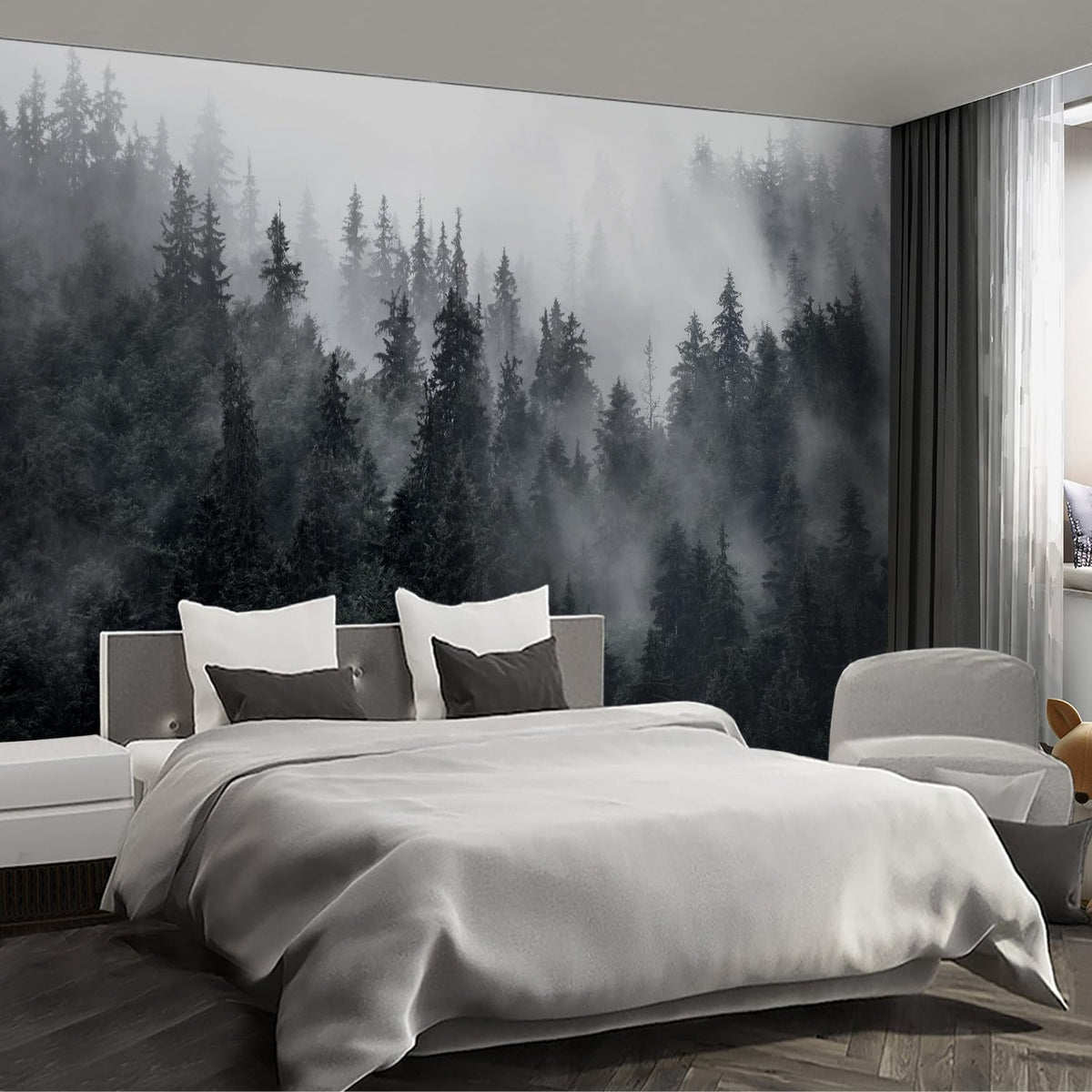 Misty Forest Landscape Wall murals Woodland Tree Peel and Stick Wallpaper for Bedroom Living Room - 96"x137"