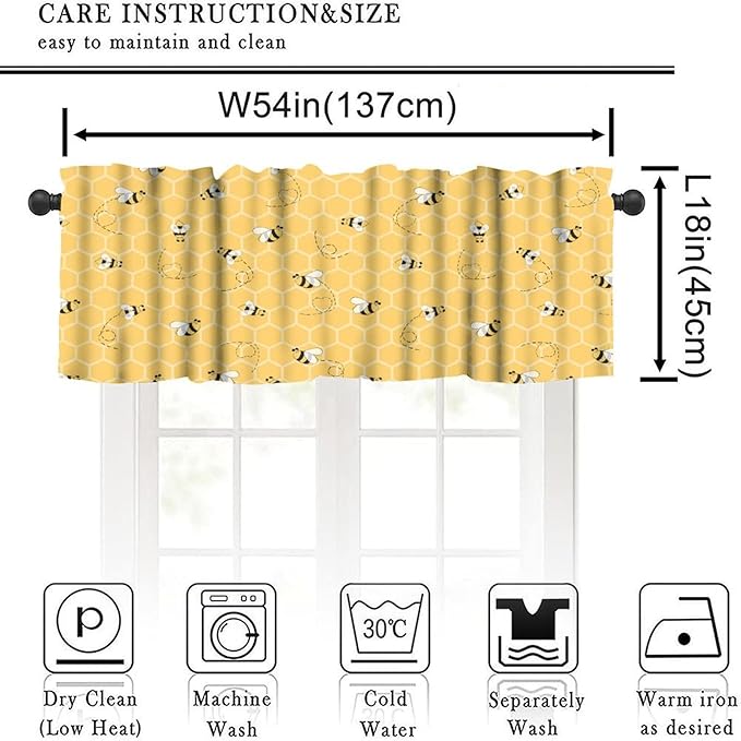 Rustic Bee Valances Curtain for Kitchen, Cute Yellow Bees Honeycomb Window Treatment Valances Short Curtains Rod Pocket Drape for Dining Room Home Farmhouse Decor, 54x18inch