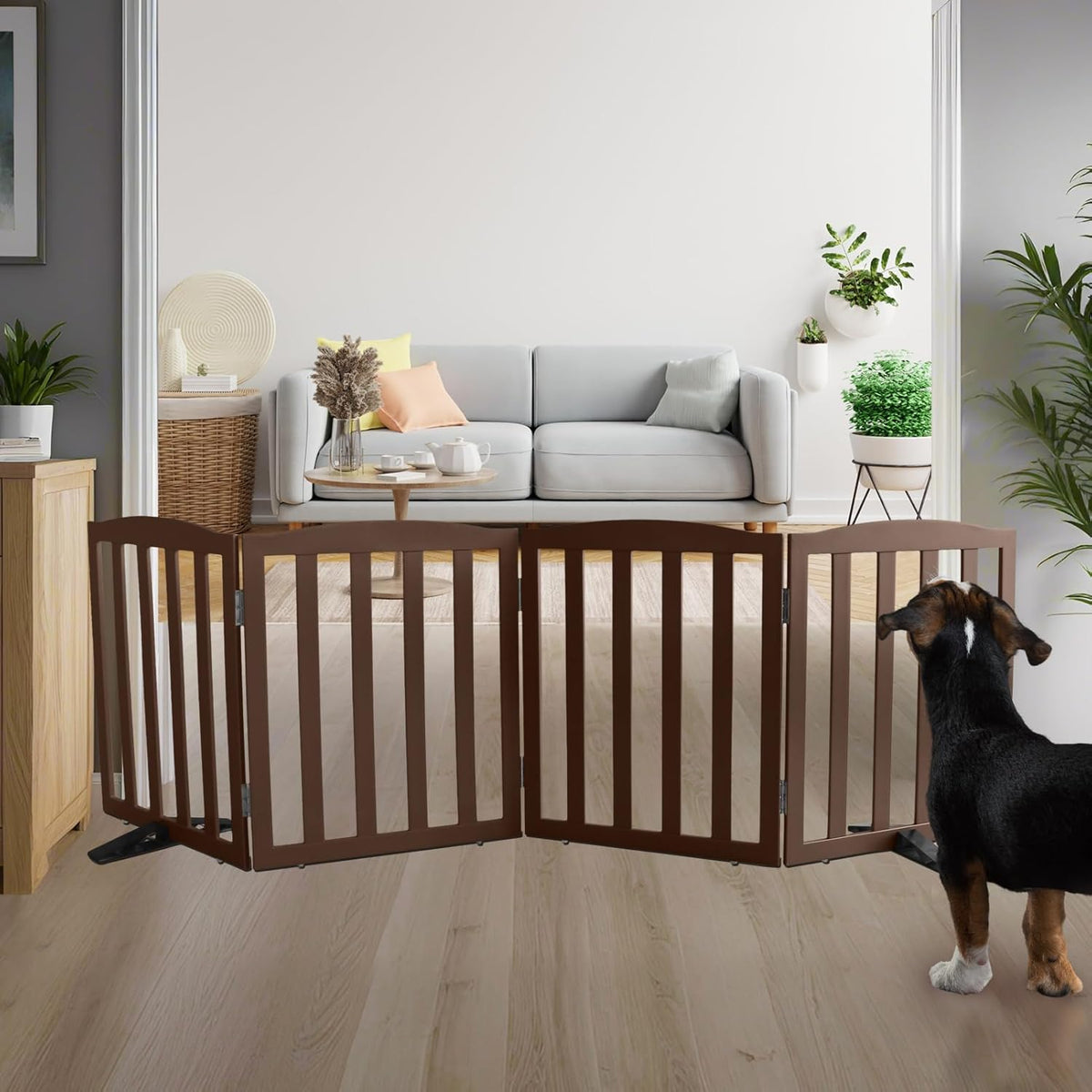 ZJSF Foldable Freestanding Indoor Dog Gate for House Wood Long Pet Gates Dog Fence for Stairs Puppy Gates for Hallways, Puppy Gate,Support Feet Included, Brown, 24 "Height-4 Panels