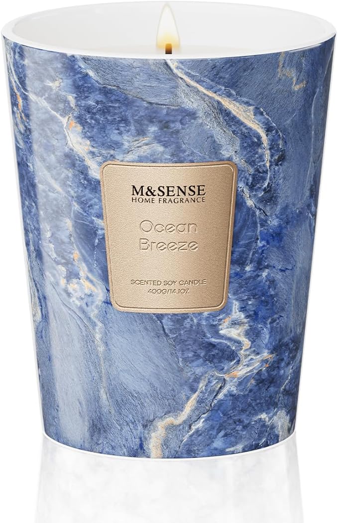 M&SENSE Ocean Breeze Scented Soy Candle, 3 Wick Highly Scented 14.1 Oz 80H, Aromatherapy Christmas Gift for Women and Men