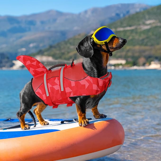 Shark Dog Life Jacket, LifeVests for Boating, High Buoyant Dog Life Vest for Swimming, Adjustable Easy On Pet Jackets for Small, Medium, Large Dogs (Red Triangle,XL)