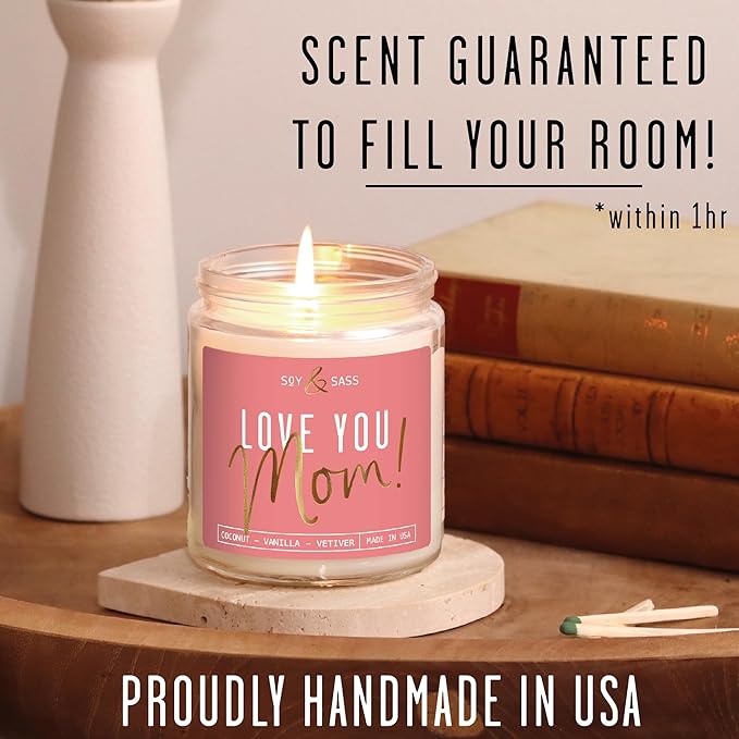 Gifts for Mom, Mom Birthday Gifts, Mothers Day Gifts for Mom - 'Love Mom' Soy Candle, w/Coconut & Vanilla I Birthday Gifts for Mom Gifts from Daugher or Son I 50Hr Burn, USA Made