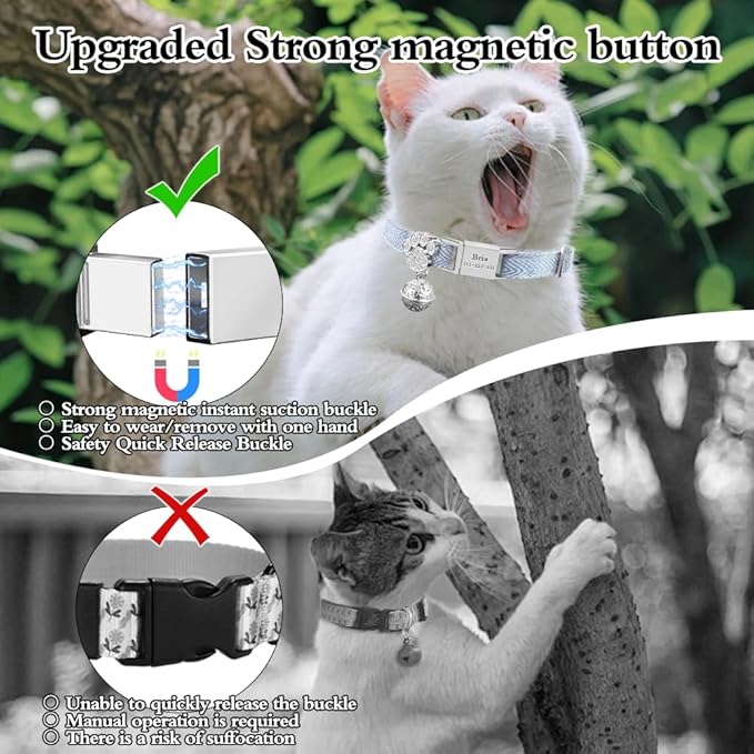 Personalized Breakaway Cat Collars - Magnetic Buckle, Bell - Safety Quick Release, Customized for Girls & Boys Cats- (Herringbone-Sky Blue)