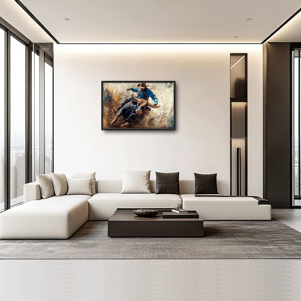 Framed Large Western Cowboy Wall Art, Oversized Rustic Cow Wall Decor for Living Room, Dusty Canvas Painting Pictures Vintage Artwork Home Decoration for Living Room Bedroom Office 36"x24"