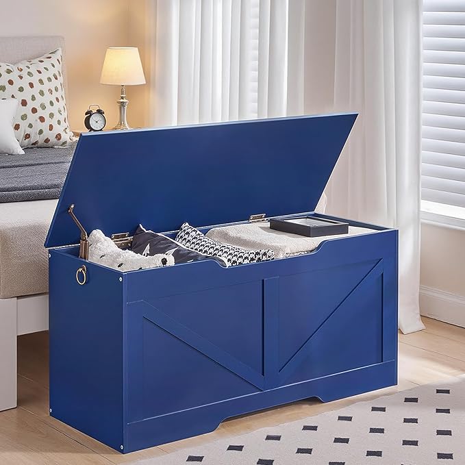 HOOBRO Storage Bench, 39.4" Retro Wooden Storage Chest with U-Shaped Cut-Out Pull, Safety Hinge, Supports 220 lb and Easy Assembly for Toy Box Organizer (Blue) BU771CW01