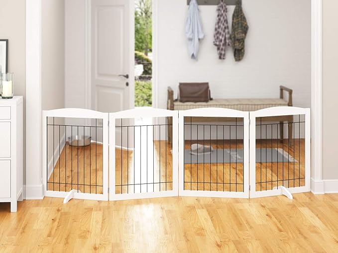 PAWLAND Extra Wide Dog gate for The House, Doorway, Stairs, Dog Fences Indoor, Freestanding Foldable Wooden Pet Gates for Dogs, Set of Support Feet Included, 96 in Wide 30 in Tall, 4 Panels White