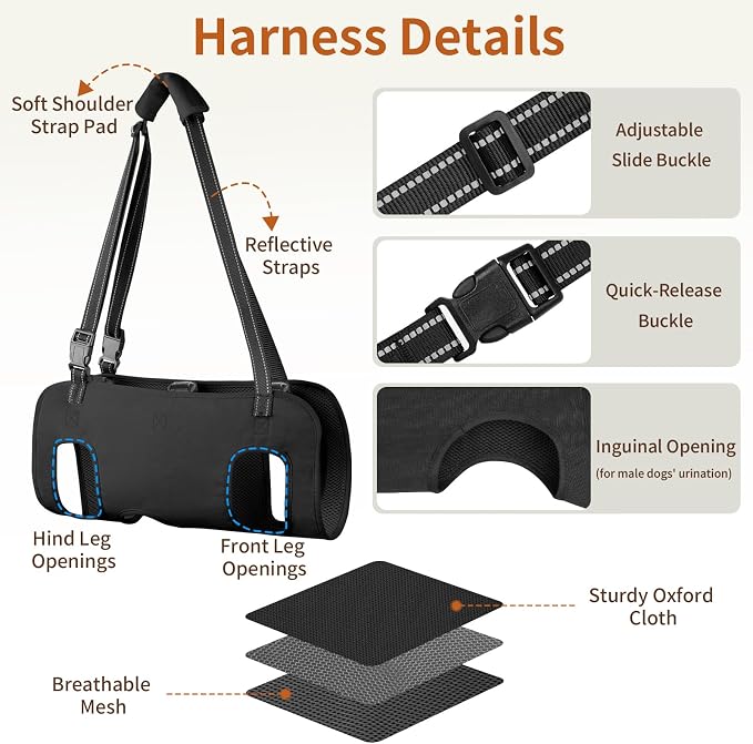 Full Body Dog Lift Harness, Support Senior & Disabled Dogs Walking | Help Up & Down Stairs Grooming, Dog Sling Backpack, Front Hind Leg Joint Injuries, Reflective, Soft Padded Handle | Black, L