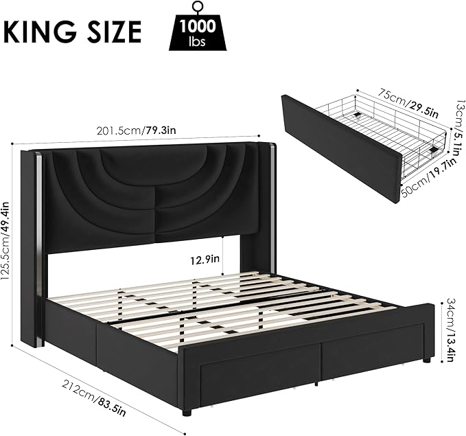 HITHOS King Upholstered LED Bed Frame with 2 Storage Drawers, Velvet Platform Bed with Wingback Headboard, Solid Wooden Slats Support, No Box Spring Needed, Headboard Splicing Design