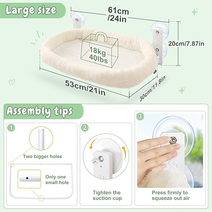 Sunhoo 2PCS Cat Window Perch Hammock Cordless Kitty Sunny Bed Seat Window Sill Shelf for Inside Cats Foldable Lounger with 4 Strong Suction Cups Soft Plush Cover 21*11.8 in Holds up to 40lbs (White)