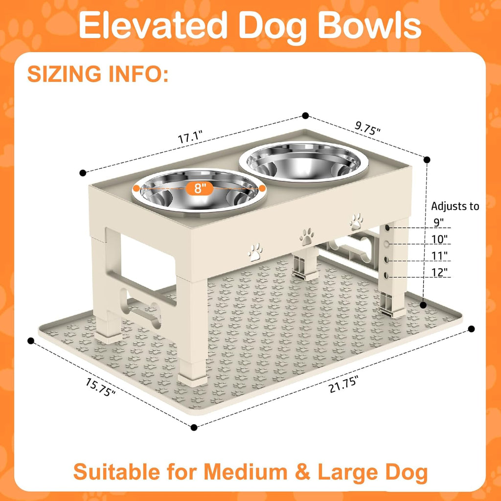 Elevated Dog Bowls with Mat, Raised Dog Food Bowl Stand with 2 Stainless Steel Bowls, 5 Height Adjustable (3.1", 9", 10", 11", 12") Non-Slip Feeder Set for Medium and Large Dogs – Apricot