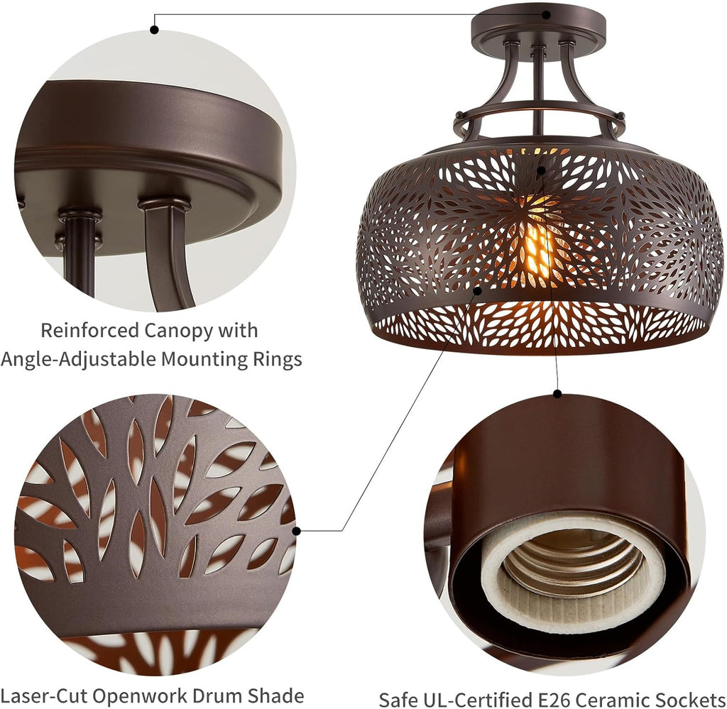 WUZUPS Chandelier Rustic Farmhouse Industrial Round Semi-flushmount Ceiling LED Light Fixture with Later-Cut Openwork Drum Shade, H 11.8" x W 13.4", Oil Rubbed Bronze