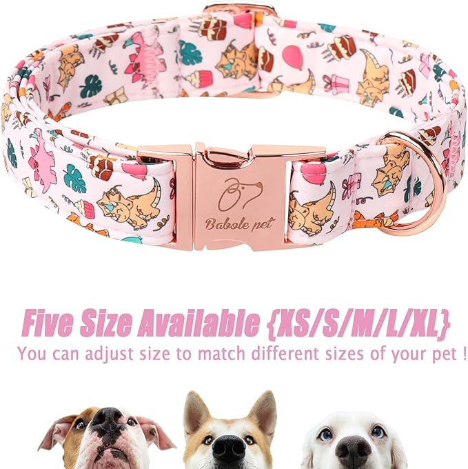 Cute Dinosaur Dog Collar - Adjustable Cartoon Girl Dog Collars for Puppy & Tiny Dogs, Heavy Duty Metal Buckle Pet Collar, Pink Dino, XS