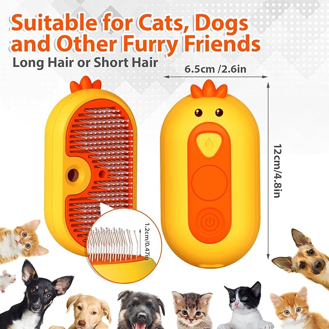 Cat Steam Brush with Release Button, 3 in 1 Rechargeable Pet Spray Water Comb for Long & Short Hair Removal, Self Cleaning Slicker Vapor Brush for Indoor Cats Dogs Rabbits Shedding Grooming