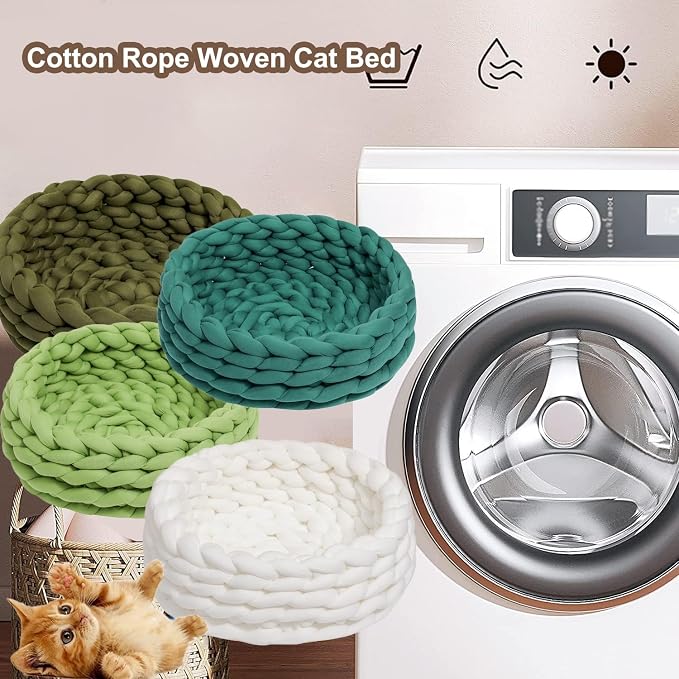 Woven Dog Bed Basket, Knitted Cotton Cat Bed Round Washable Woven Cat Pet Bed Chunky Dog Basket, Orthopedic, Chunky Knit Dog Nest,Dog Bed,Dog Cave,Dog Bedding(Green,21")