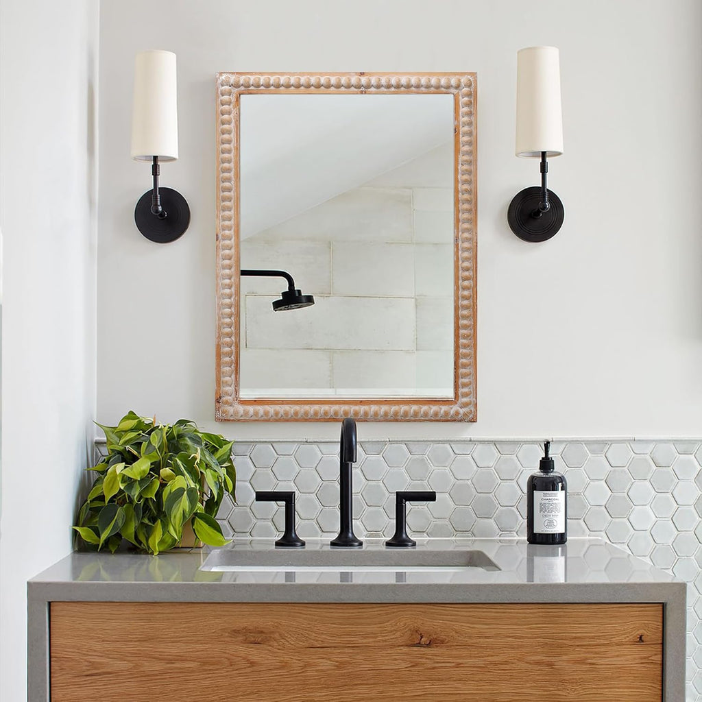 Farmhouse Bathroom Mirror 22x30 Inch - Rectangular Wall Mirrors with Wood Frame & Beaded Design - Distortion-Free Glass, Horizontal/Vertical Mount or Freestanding