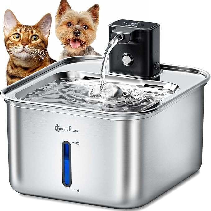 DownyPaws Cat Water Fountain Stainless Steel Wireless, 101 oz/3L FurSink Cordless Cat Water Dispenser for Pets, Battery Operated Dog Drinking Fountain with Motion Sensor, Easy Clean, Metal