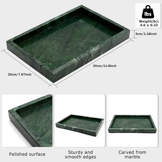 Green Marble Tray,Pure Natural Vanity Tray,Marble Trays for Kitchen Counter Non-Ceramic/Non-Resin,Stone Tray 12 x 8 inch